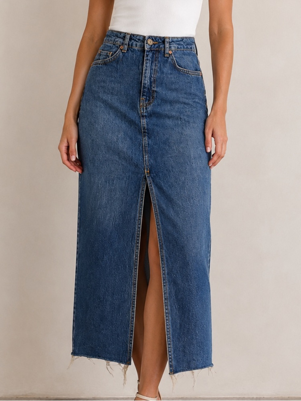 Stradivarius Denim Maxi Skirt Front Slit US 6  EU 38 Raw Hem Blue